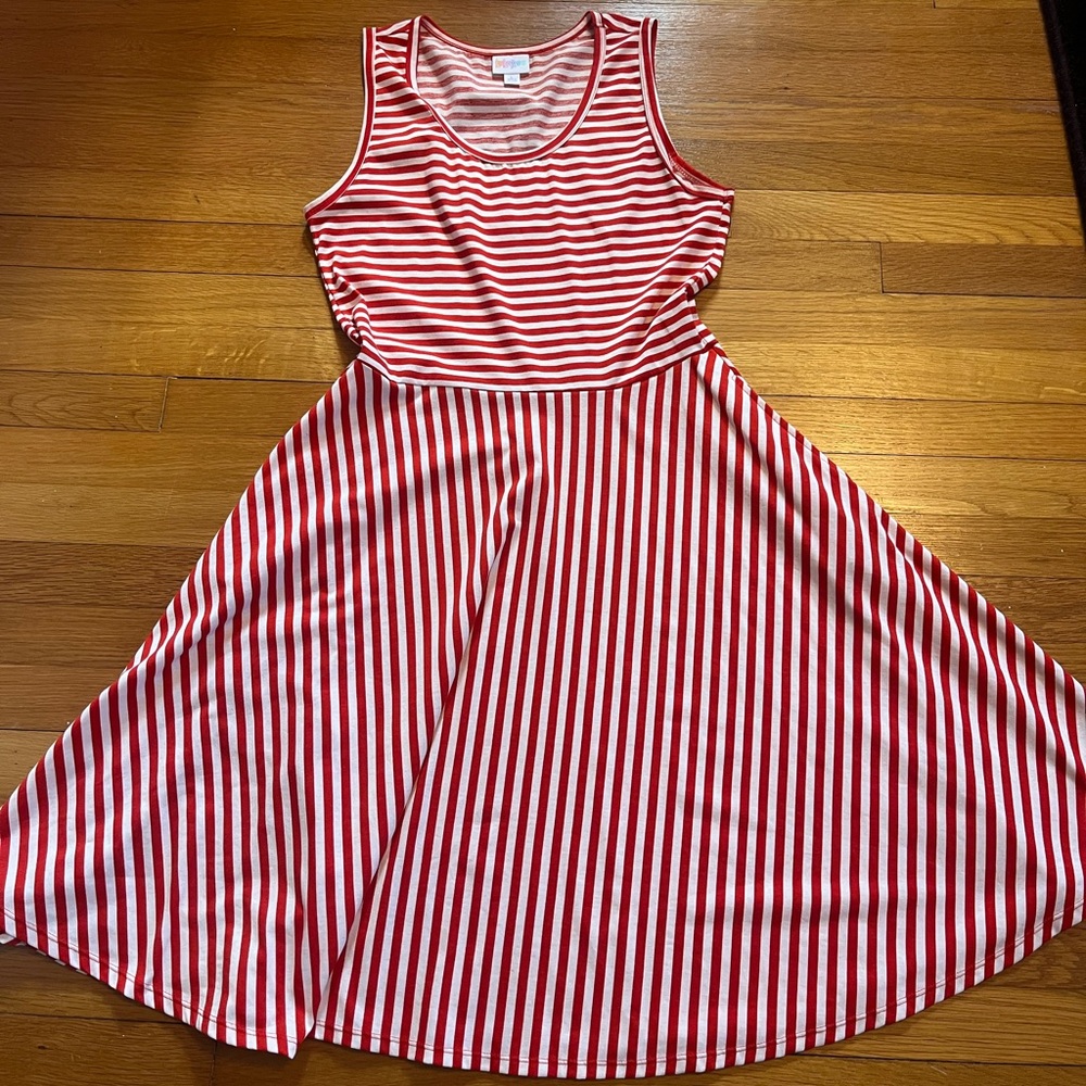 LuLaRoe Red and White Striped Midi Dress